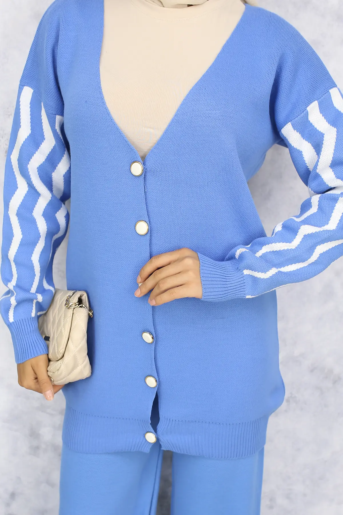 4064 Kolları Desenli Triko Takım Mavi-detail