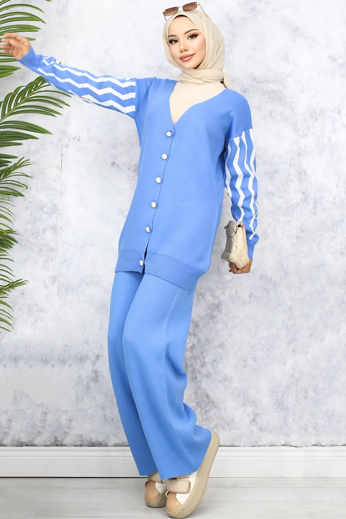 4064 Kolları Desenli Triko Takım Mavi-detail