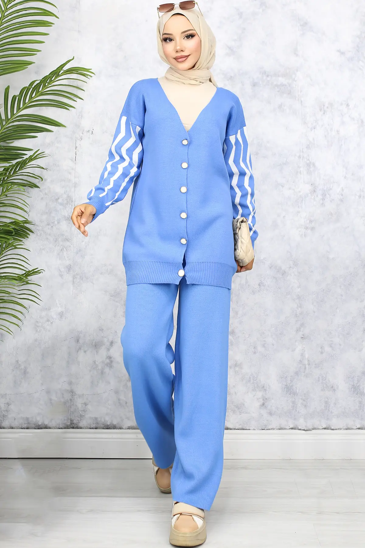 4064 Kolları Desenli Triko Takım Mavi-detail