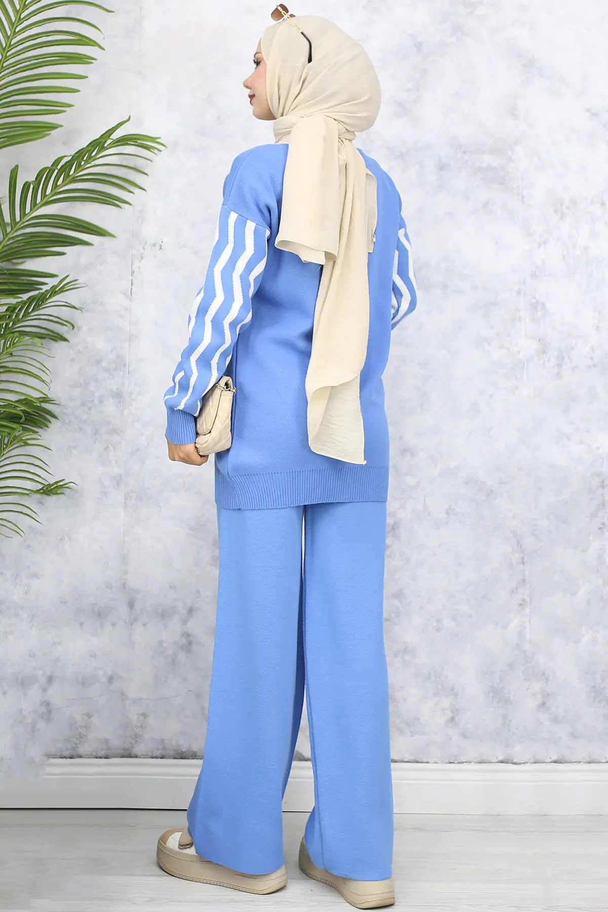 4064 Kolları Desenli Triko Takım Mavi-detail