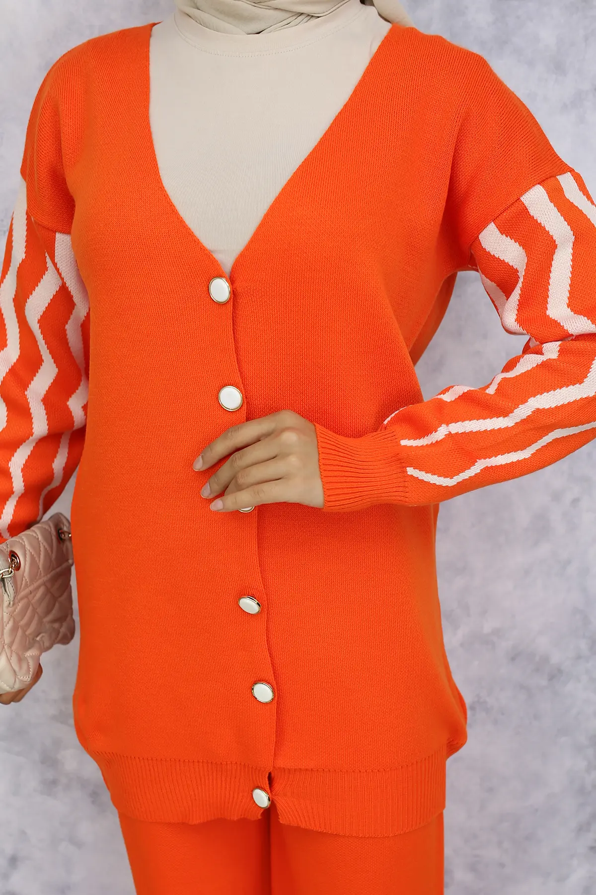 4064 Kolları Desenli Triko Takım Oranj-detail