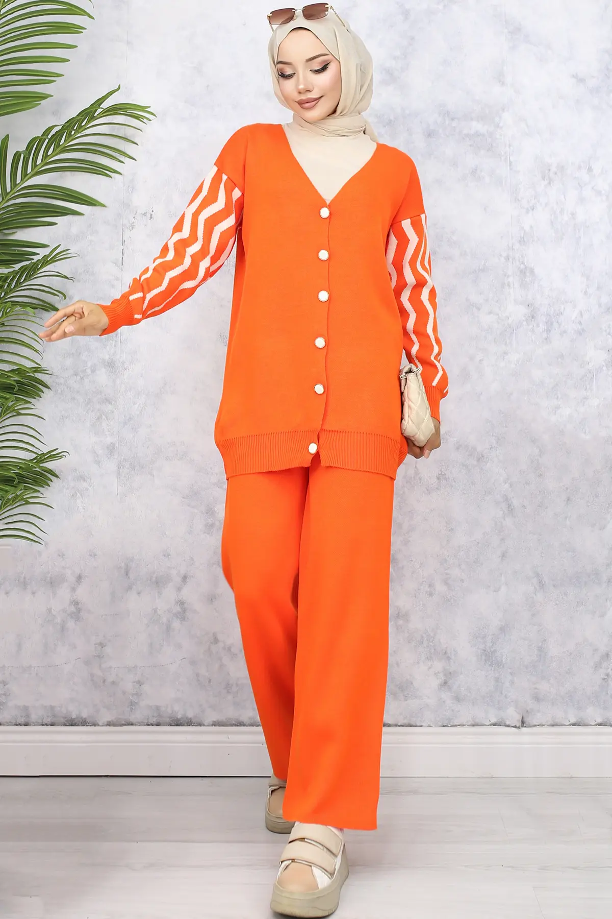 4064 Kolları Desenli Triko Takım Oranj-detail