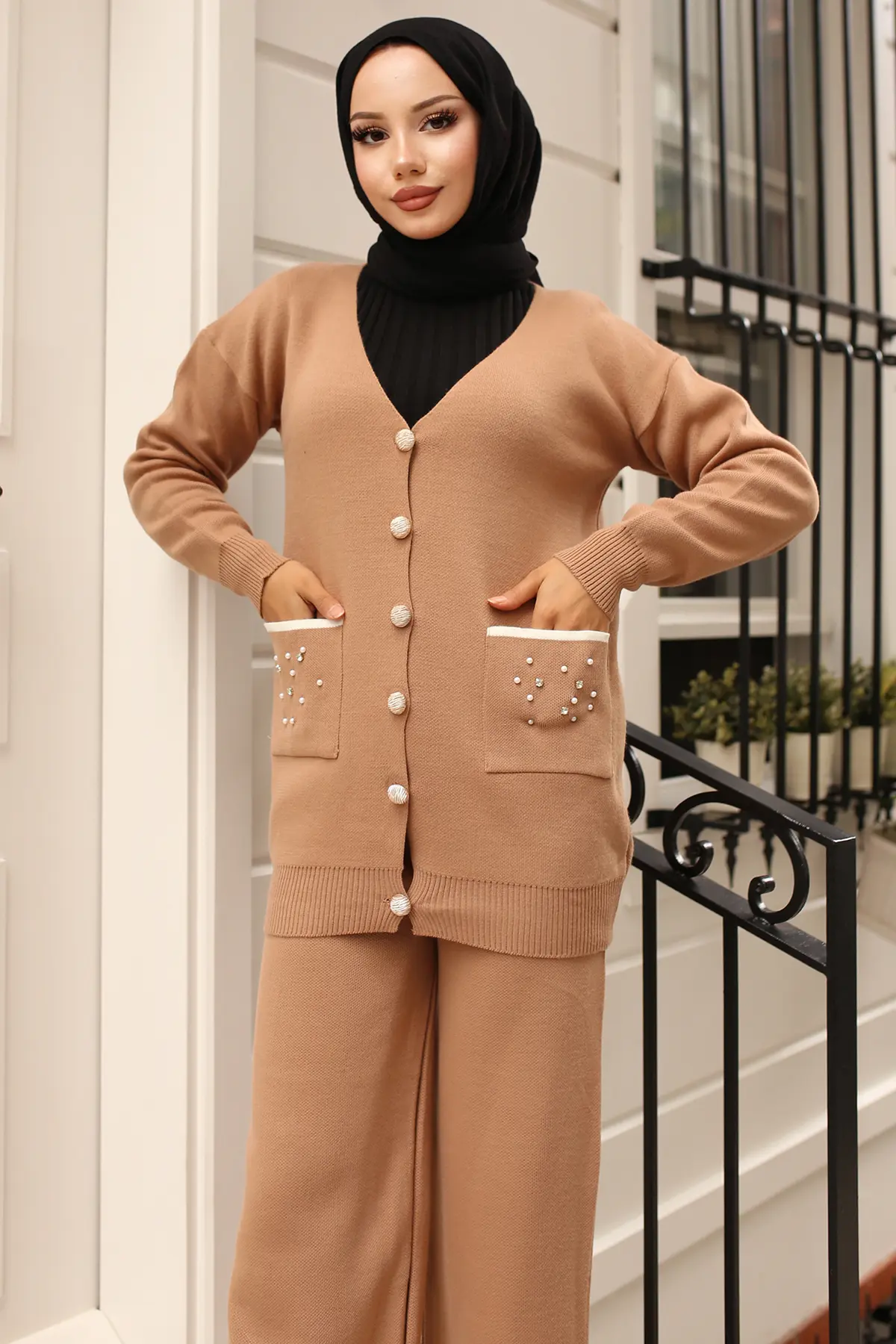 4066 Cebi Taş Detaylı Triko Takım Vizon-detail