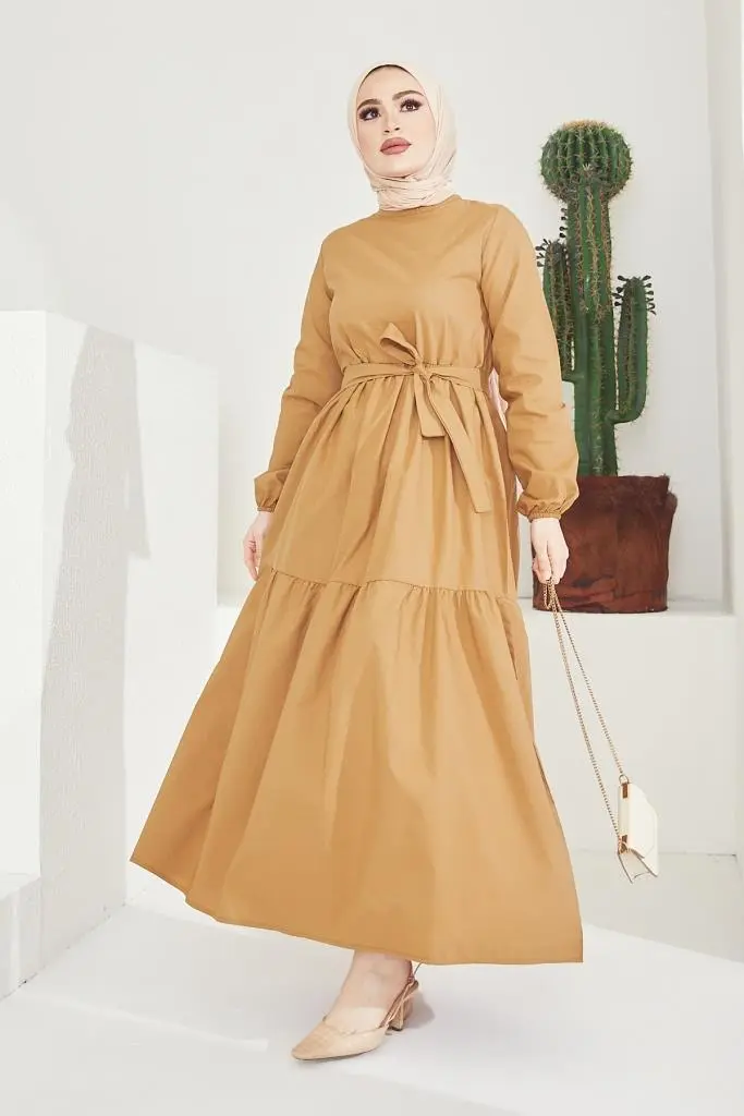 411 Sıfır Yaka Beli Kuşaklı Tesettür Elbise Bej-detail