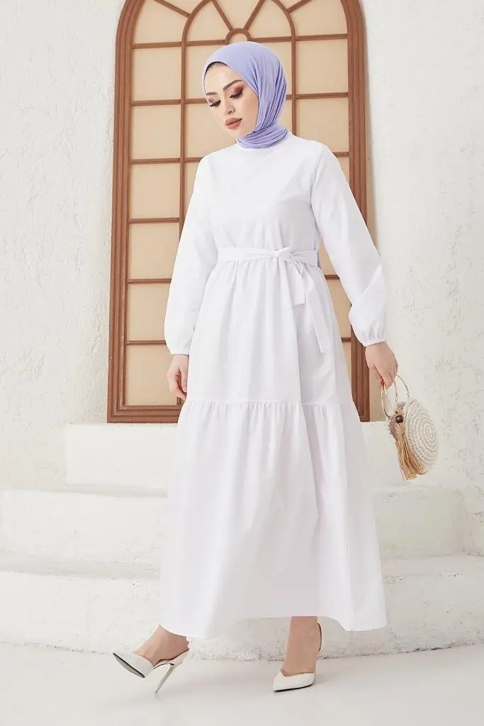 411 Sıfır Yaka Beli Kuşaklı Tesettür Elbise Beyaz-detail