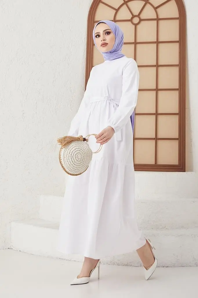 411 Sıfır Yaka Beli Kuşaklı Tesettür Elbise Beyaz-detail