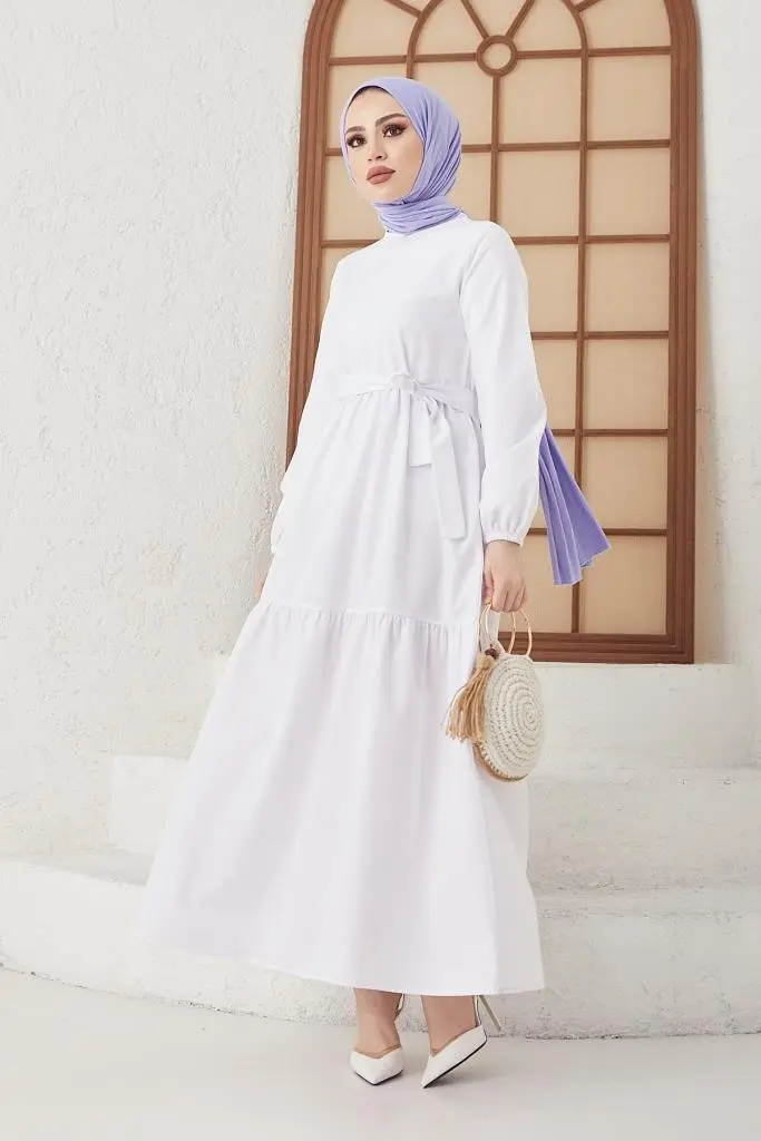411 Sıfır Yaka Beli Kuşaklı Tesettür Elbise Beyaz-detail