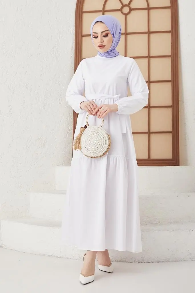 411 Sıfır Yaka Beli Kuşaklı Tesettür Elbise Beyaz-detail