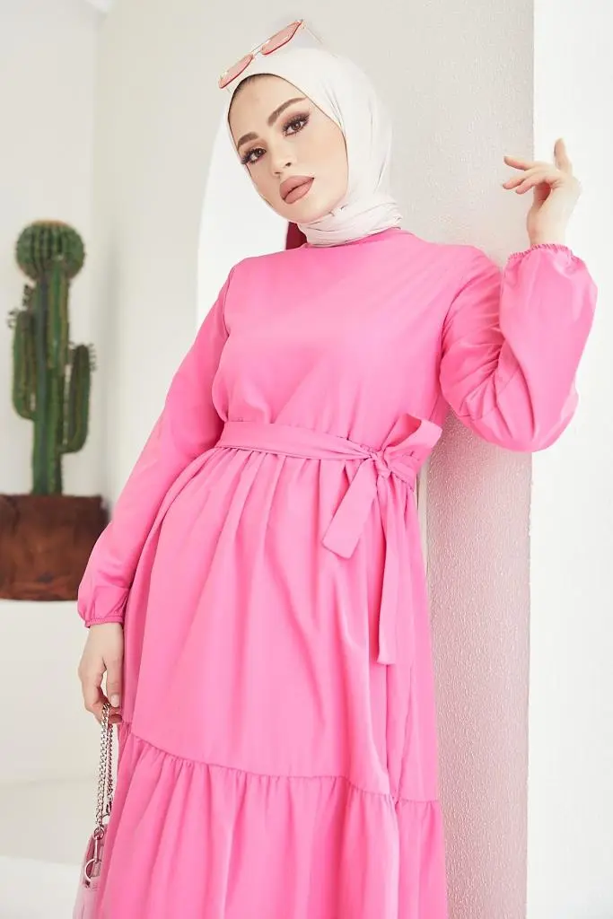 411 Sıfır Yaka Beli Kuşaklı Tesettür Elbise Fuşya-detail