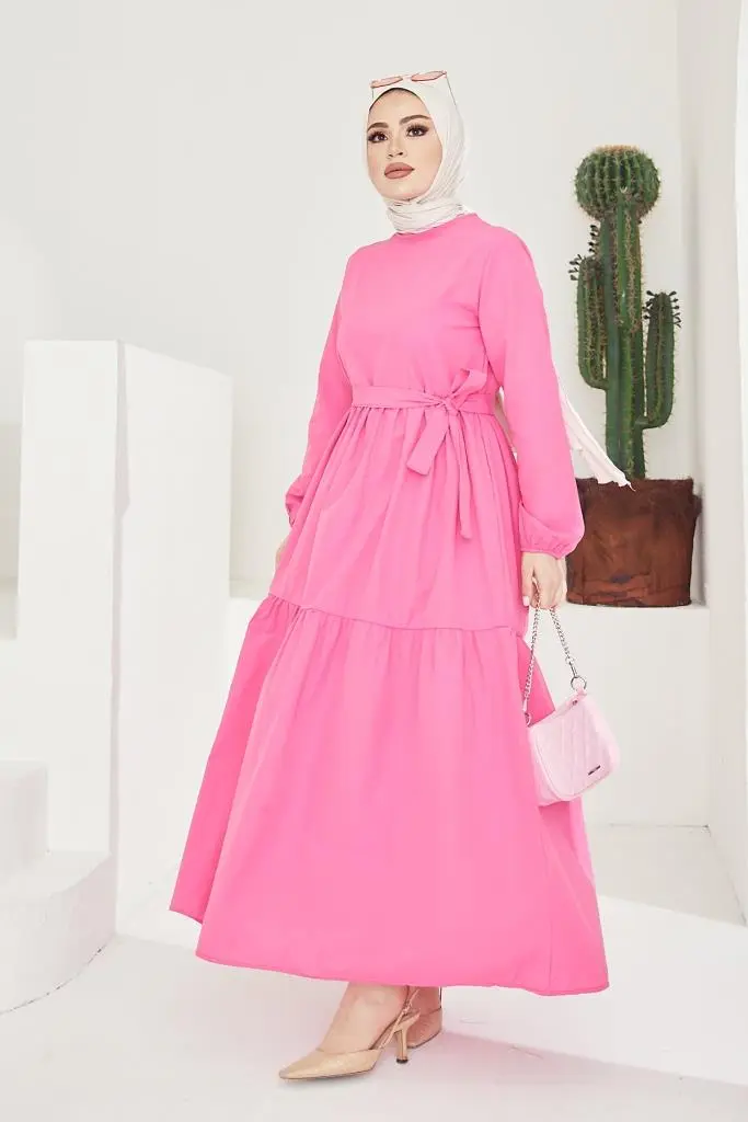 411 Sıfır Yaka Beli Kuşaklı Tesettür Elbise Fuşya-detail