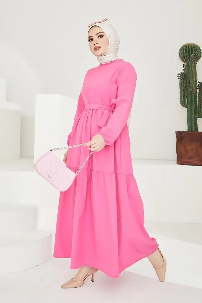 411 Sıfır Yaka Beli Kuşaklı Tesettür Elbise Fuşya-detail