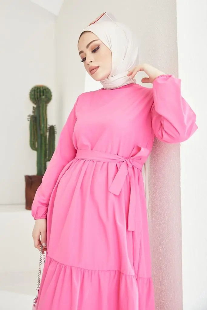 411 Sıfır Yaka Beli Kuşaklı Tesettür Elbise Fuşya-detail