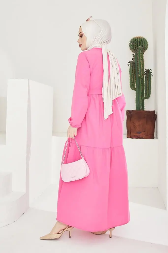 411 Sıfır Yaka Beli Kuşaklı Tesettür Elbise Fuşya-detail