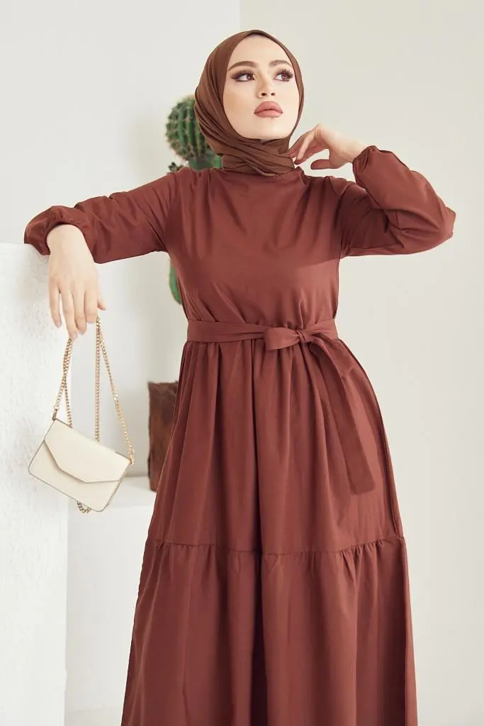 411 Sıfır Yaka Beli Kuşaklı Tesettür Elbise Kahve-detail
