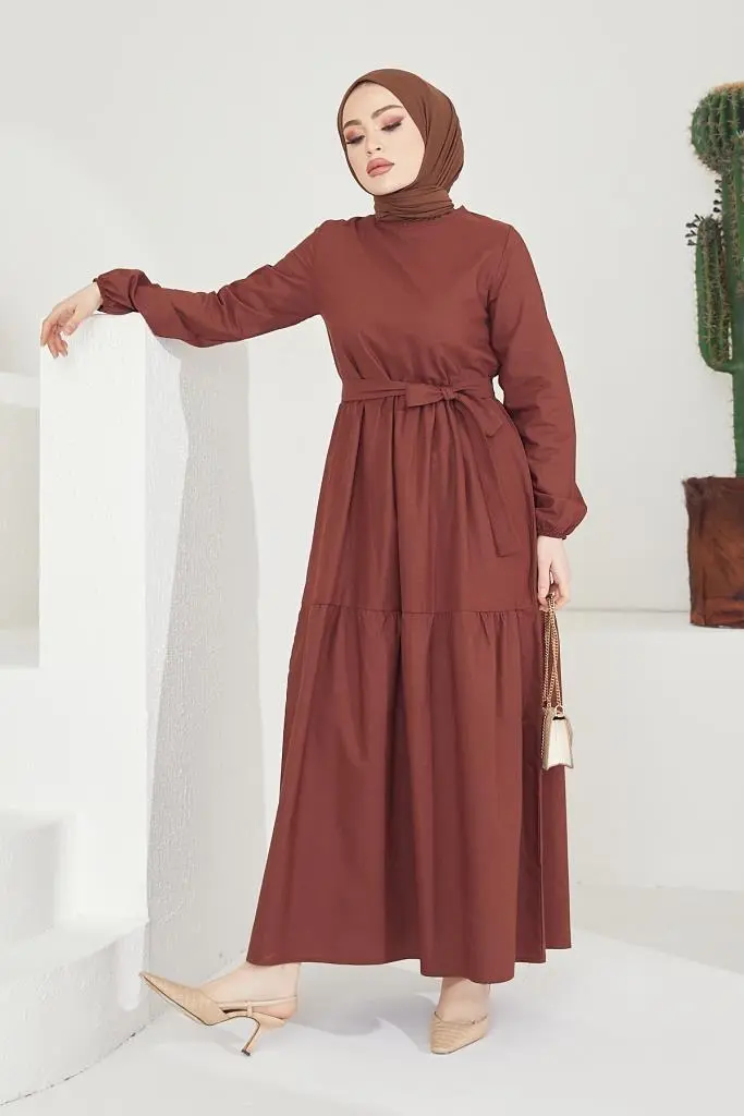 411 Sıfır Yaka Beli Kuşaklı Tesettür Elbise Kahve-detail