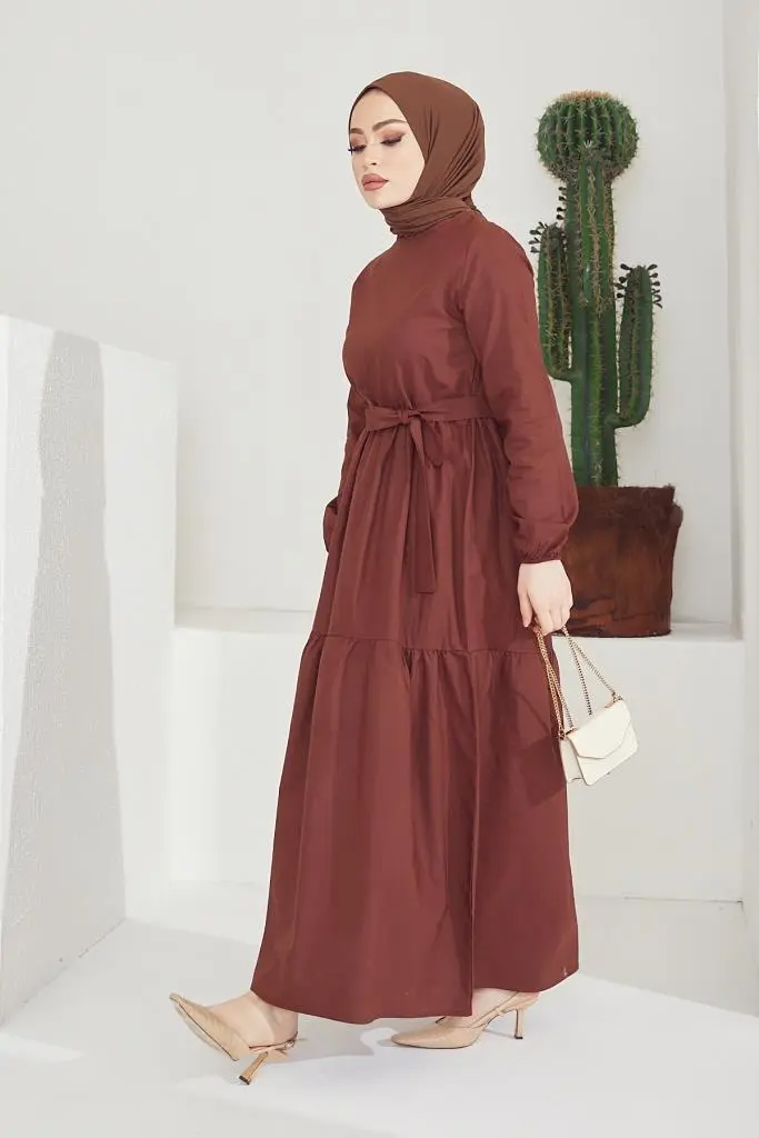 411 Sıfır Yaka Beli Kuşaklı Tesettür Elbise Kahve-detail