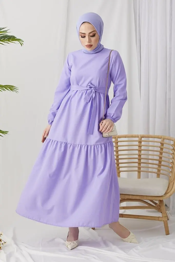 411 Sıfır Yaka Beli Kuşaklı Tesettür Elbise Lila-detail