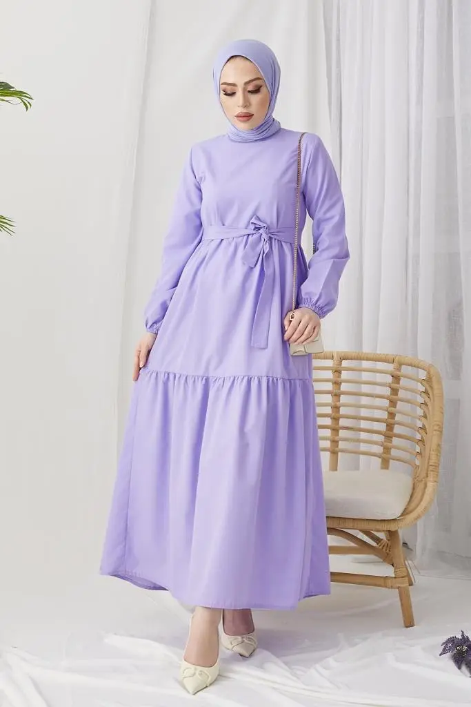 411 Sıfır Yaka Beli Kuşaklı Tesettür Elbise Lila-detail