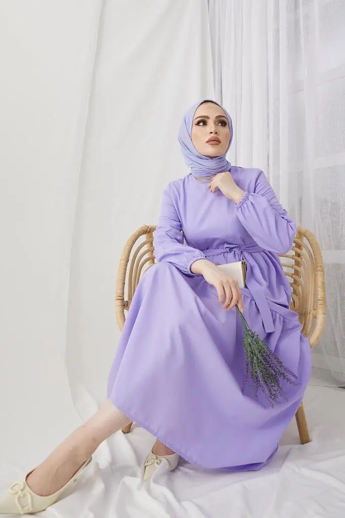 411 Sıfır Yaka Beli Kuşaklı Tesettür Elbise Lila-detail