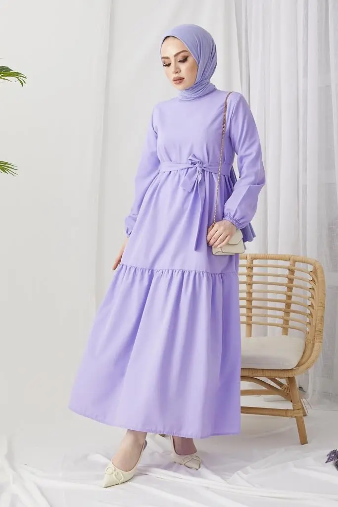 411 Sıfır Yaka Beli Kuşaklı Tesettür Elbise Lila-detail