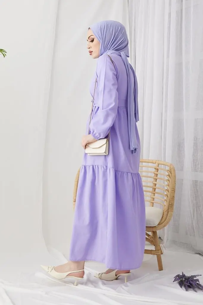 411 Sıfır Yaka Beli Kuşaklı Tesettür Elbise Lila-detail