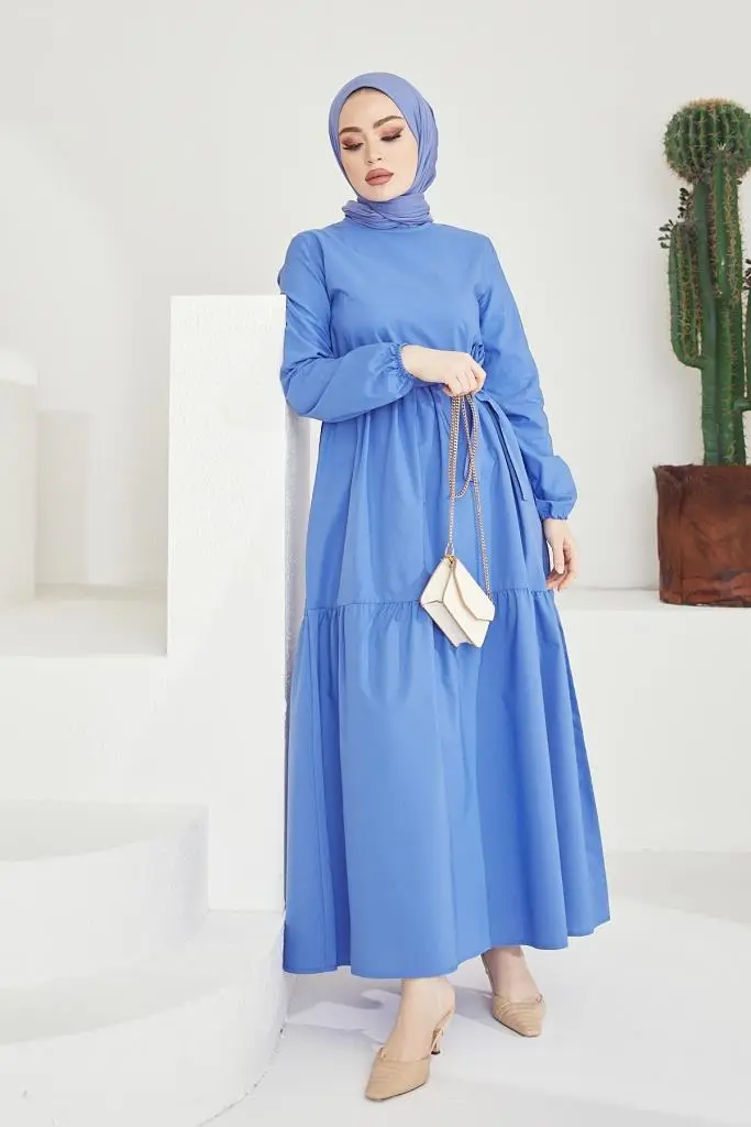 411 Sıfır Yaka Beli Kuşaklı Tesettür Elbise Mavi-detail