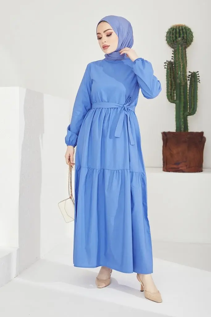 411 Sıfır Yaka Beli Kuşaklı Tesettür Elbise Mavi-detail