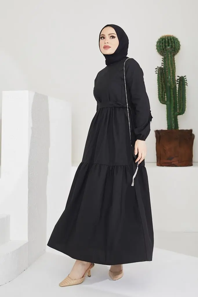 411 Sıfır Yaka Beli Kuşaklı Tesettür Elbise Siyah-detail