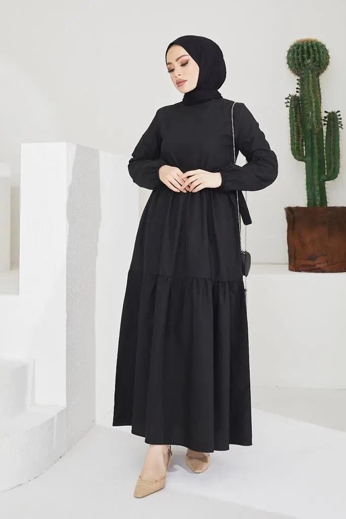 411 Sıfır Yaka Beli Kuşaklı Tesettür Elbise Siyah-detail
