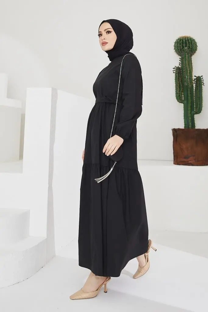 411 Sıfır Yaka Beli Kuşaklı Tesettür Elbise Siyah-detail
