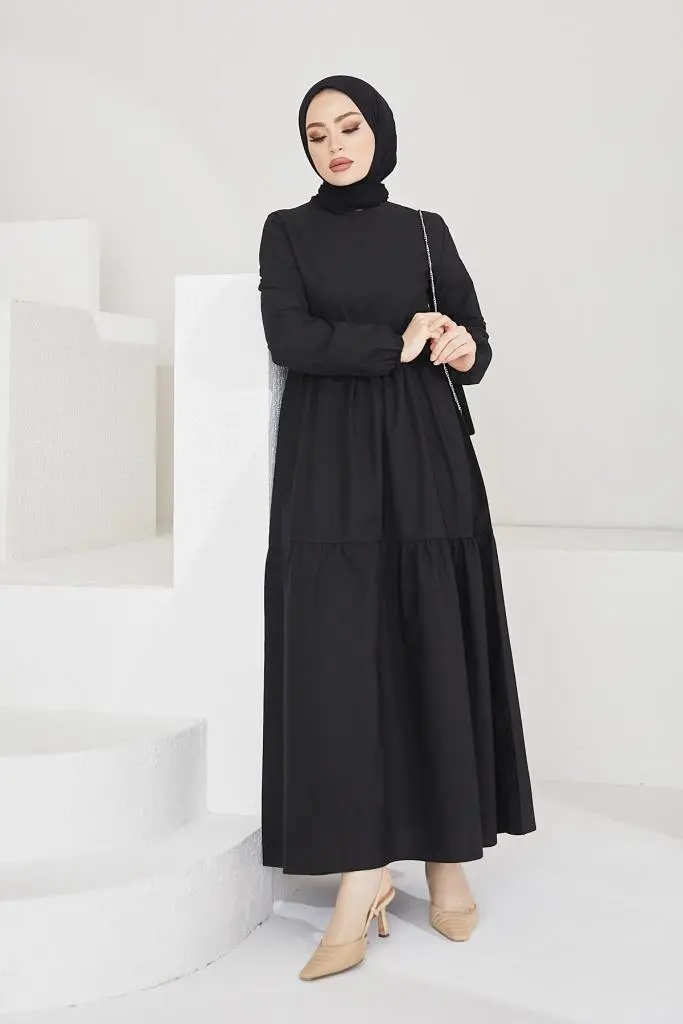 411 Sıfır Yaka Beli Kuşaklı Tesettür Elbise Siyah-detail