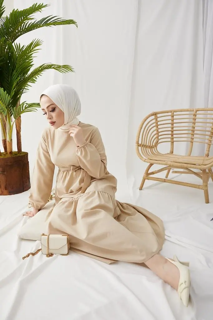 411 Sıfır Yaka Beli Kuşaklı Tesettür Elbise Taş-detail