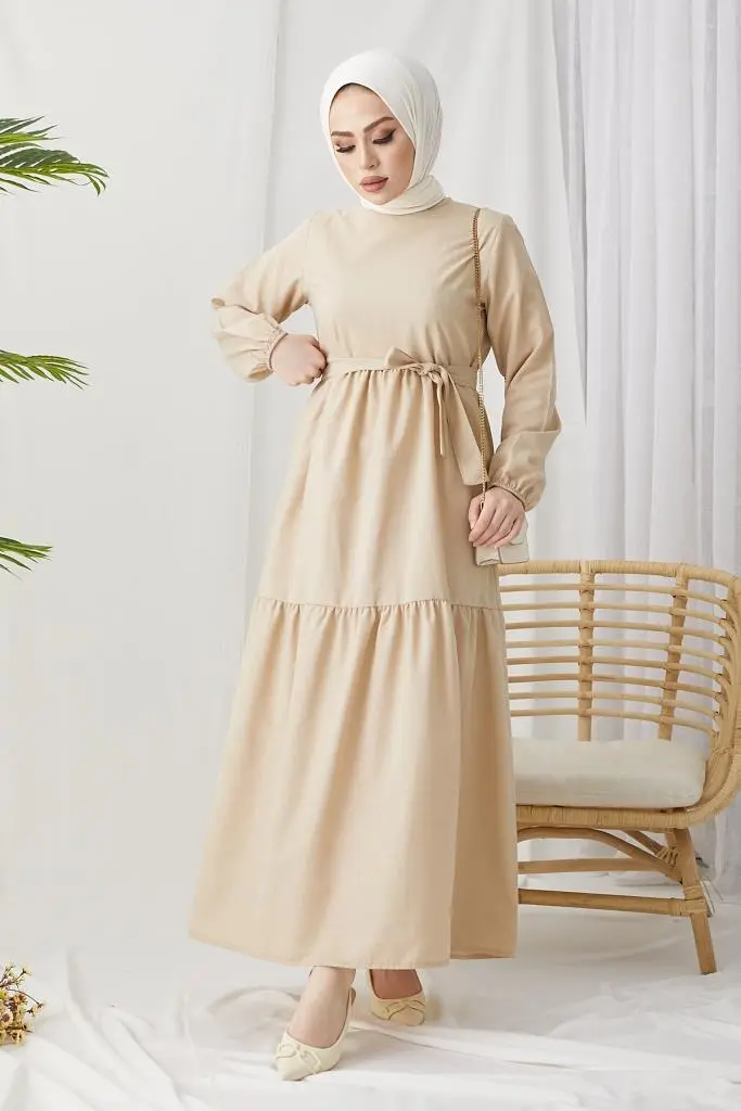 411 Sıfır Yaka Beli Kuşaklı Tesettür Elbise Taş-detail