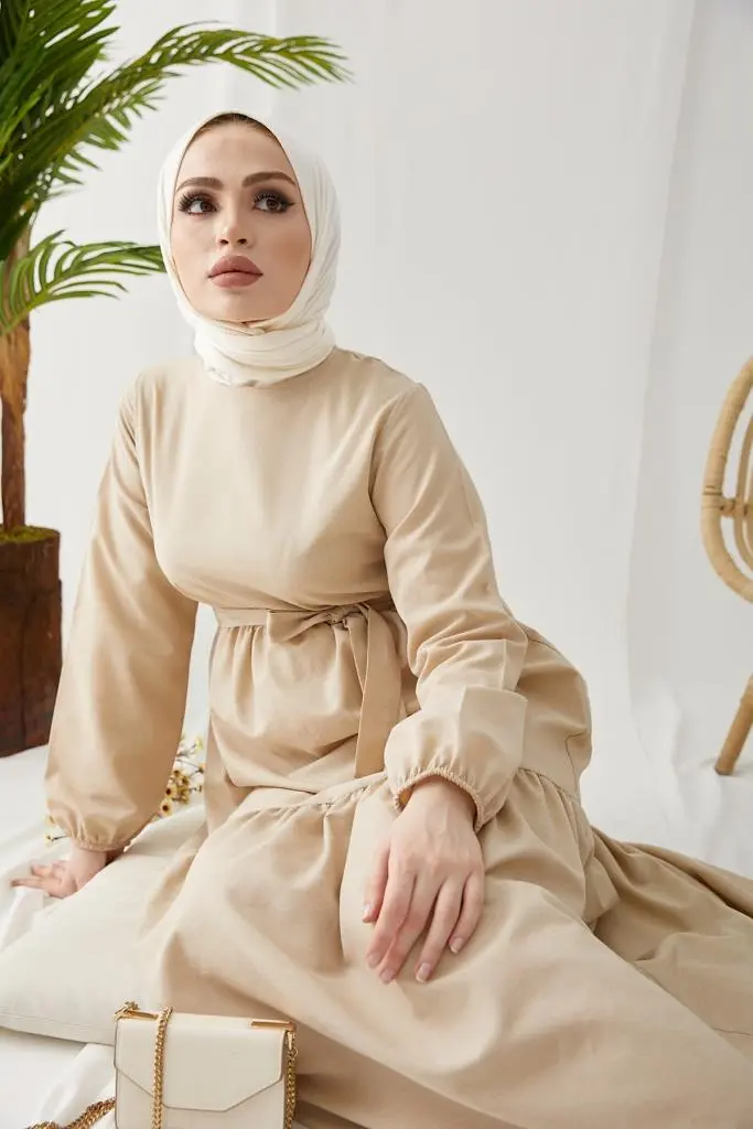 411 Sıfır Yaka Beli Kuşaklı Tesettür Elbise Taş-detail