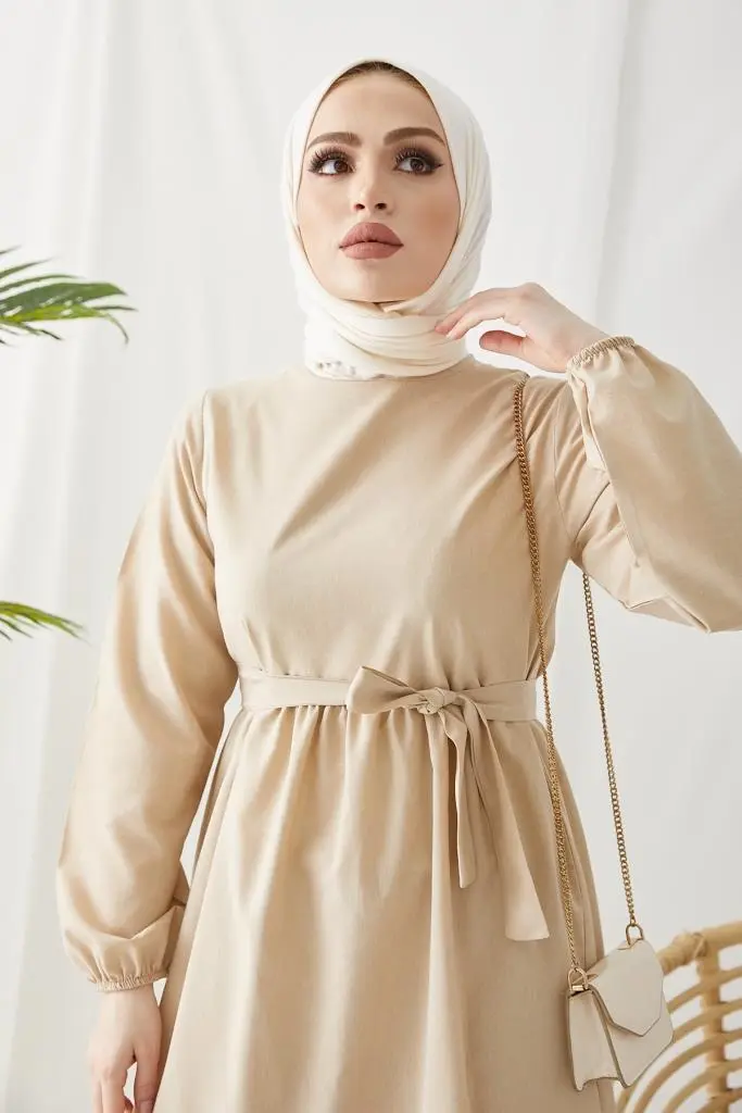 411 Sıfır Yaka Beli Kuşaklı Tesettür Elbise Taş-detail