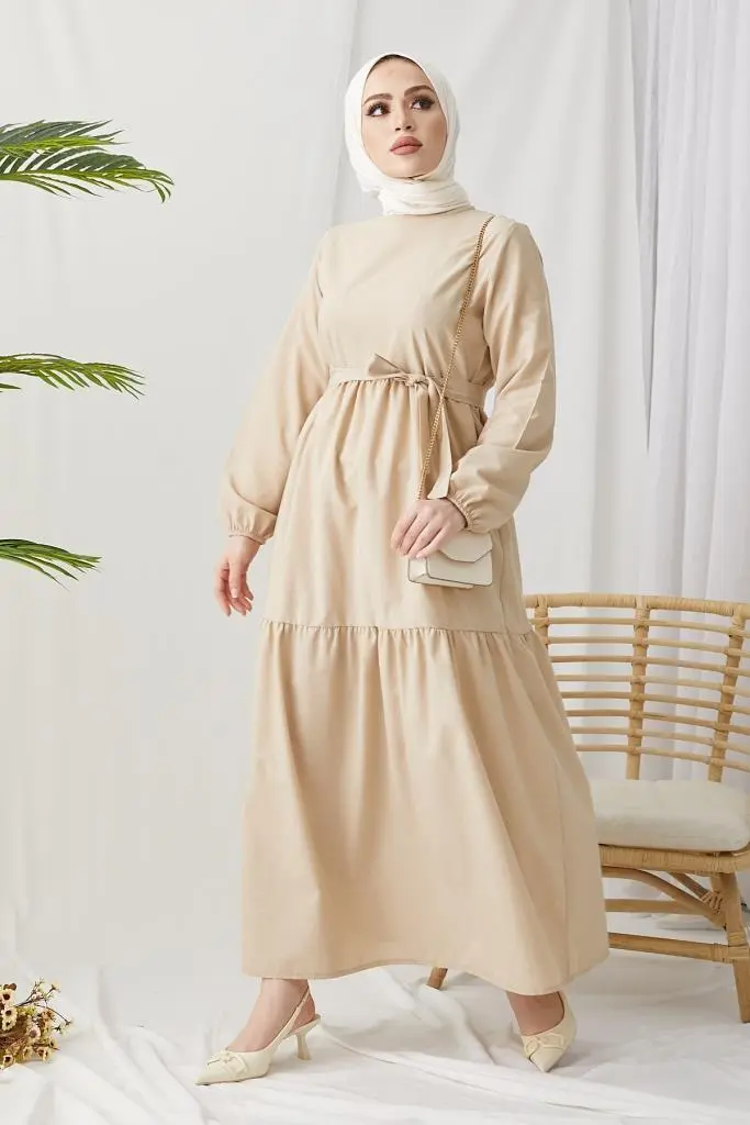 411 Sıfır Yaka Beli Kuşaklı Tesettür Elbise Taş-detail