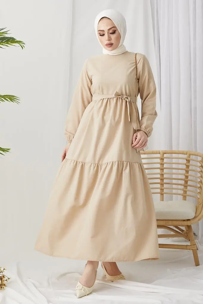 411 Sıfır Yaka Beli Kuşaklı Tesettür Elbise Taş-detail