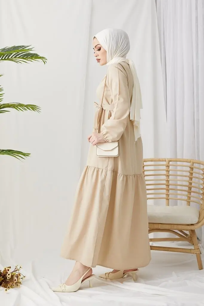 411 Sıfır Yaka Beli Kuşaklı Tesettür Elbise Taş-detail