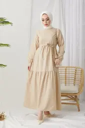 411 Sıfır Yaka Beli Kuşaklı Tesettür Elbise Taş
