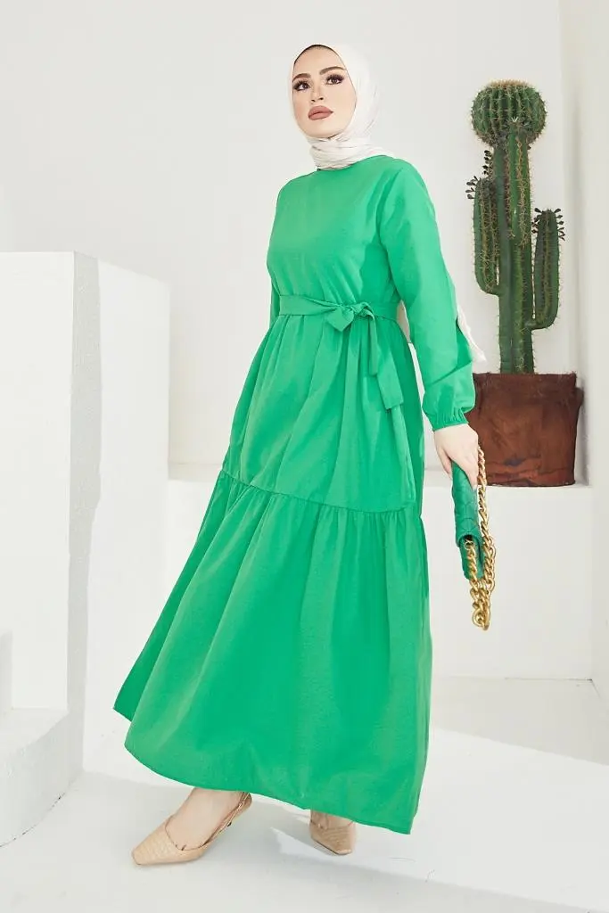 411 Sıfır Yaka Beli Kuşaklı Tesettür Elbise Yeşil-detail