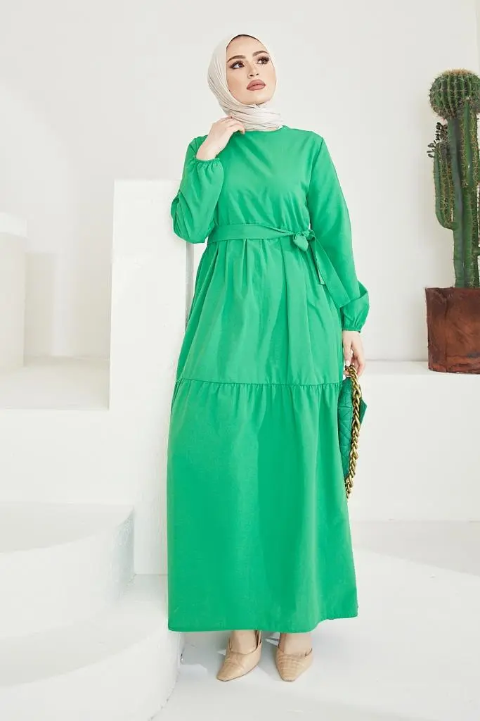 411 Sıfır Yaka Beli Kuşaklı Tesettür Elbise Yeşil-detail
