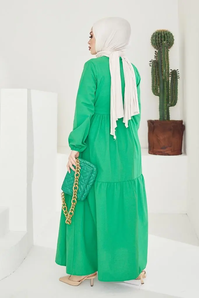 411 Sıfır Yaka Beli Kuşaklı Tesettür Elbise Yeşil-detail