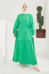 411 Sıfır Yaka Beli Kuşaklı Tesettür Elbise Yeşil