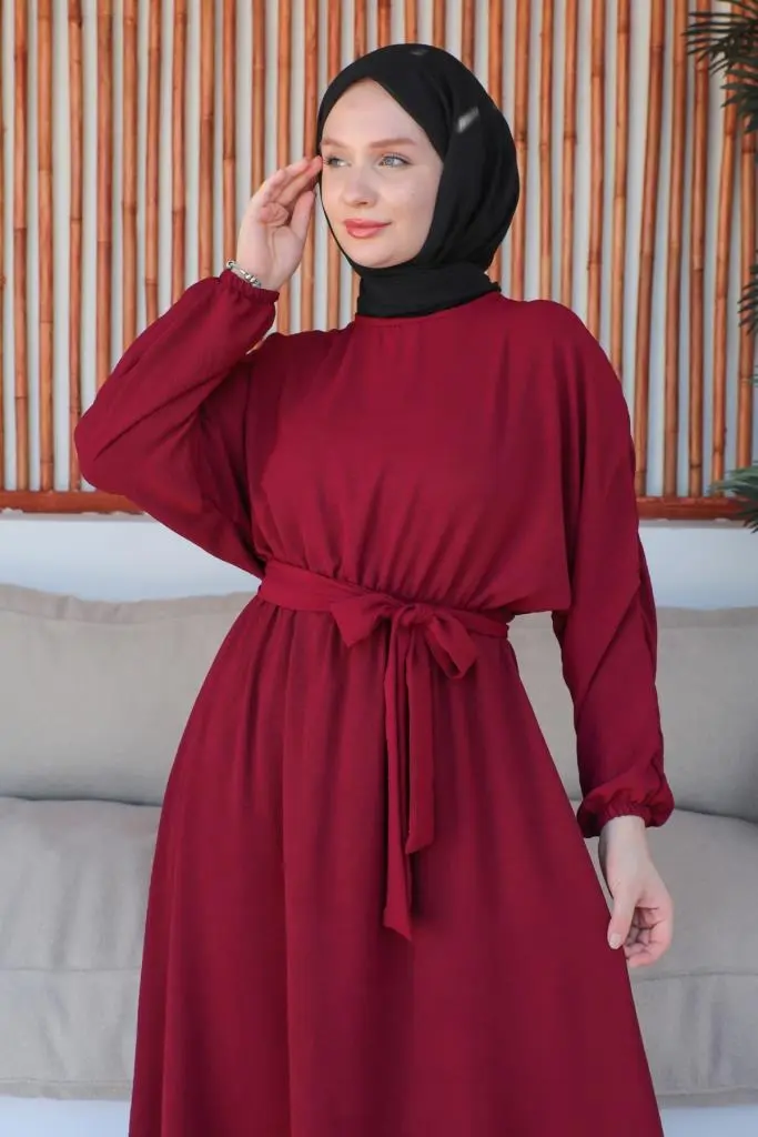 424-1aerobin Tesettür Elbise Bordo-detail