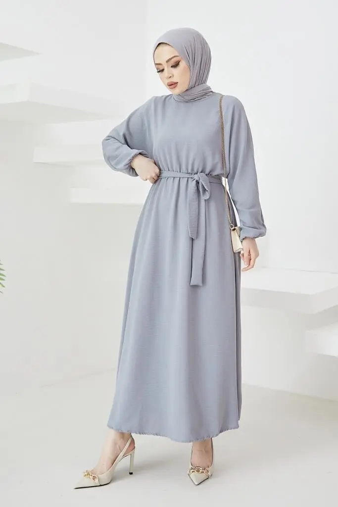 424-1aerobin Tesettür Elbise Gri-detail