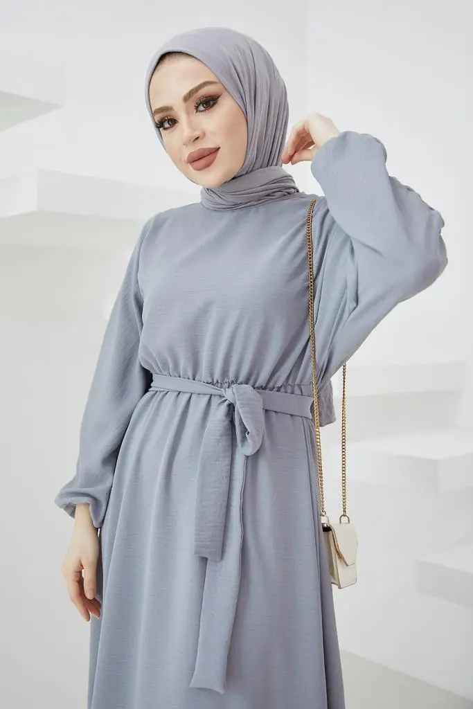 424-1aerobin Tesettür Elbise Gri-detail