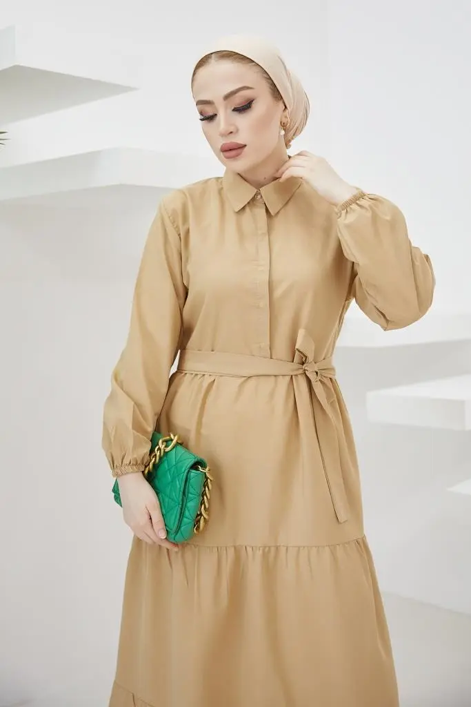 427 Gömlek Yaka Düğmeli Tesettür Elbise Bej-detail