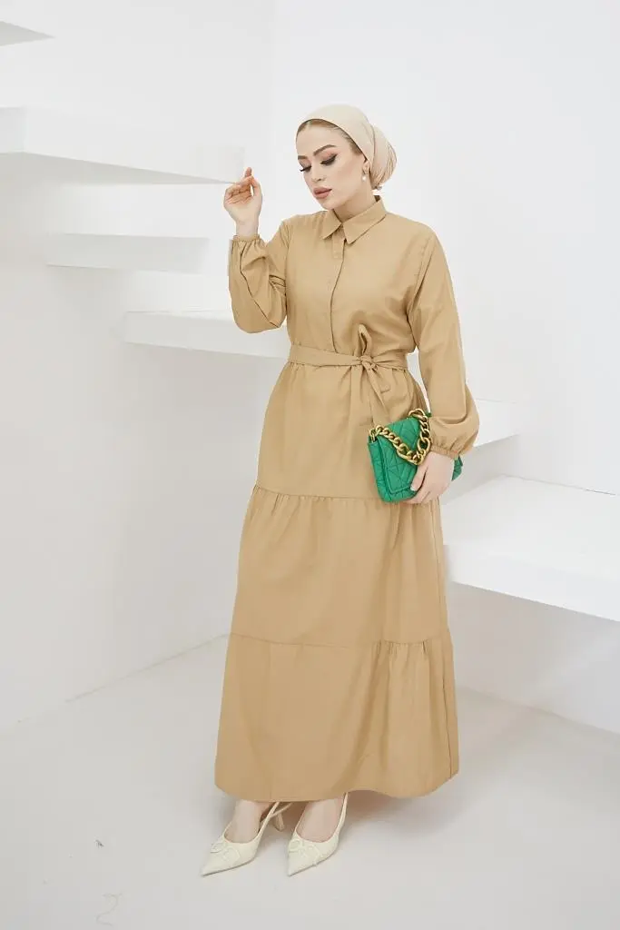 427 Gömlek Yaka Düğmeli Tesettür Elbise Bej-detail