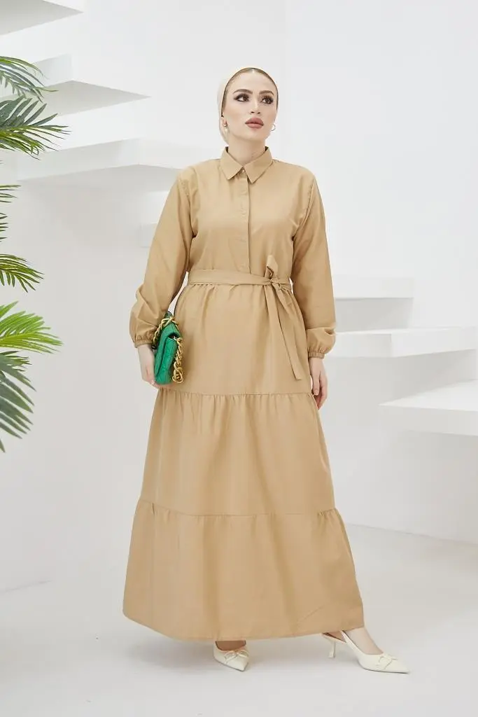 427 Gömlek Yaka Düğmeli Tesettür Elbise Bej-detail