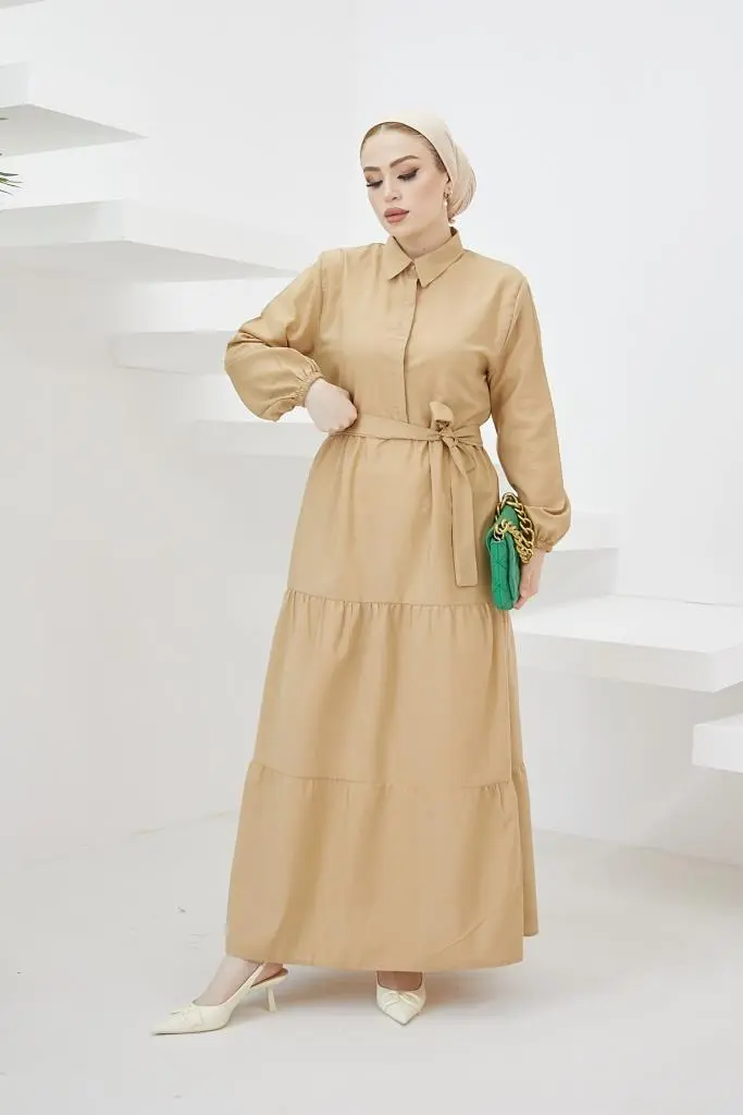 427 Gömlek Yaka Düğmeli Tesettür Elbise Bej-detail